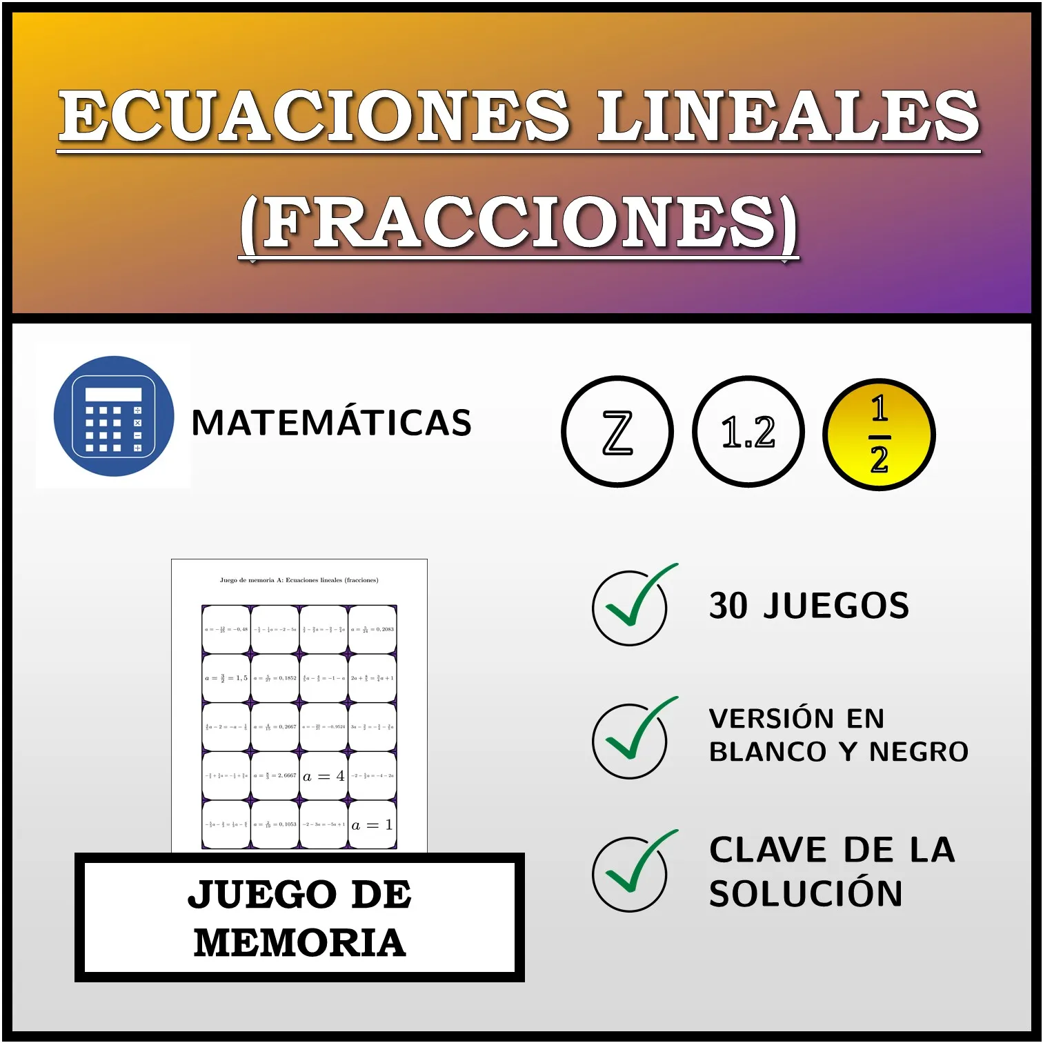 Juego de memoria: Ecuaciones lineales (fracciones)