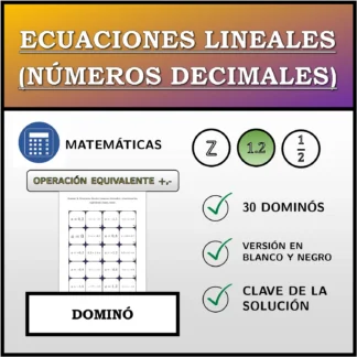 Dominó: Ecuaciones lineales (números decimales), transformación equivalente (suma, resta)