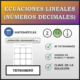 Tetrominó: Ecuaciones lineales (números decimales), transformación equivalente (suma, resta)