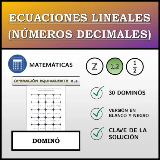 Dominó: Ecuaciones lineales (números decimales), transformación equivalente (multiplicación, división)