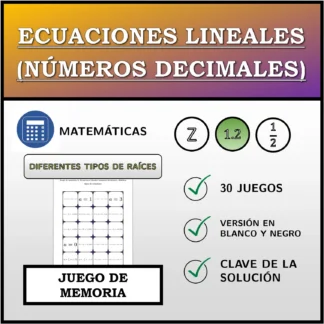 Juego de memoria: Ecuaciones lineales (números decimales), distintos tipos de soluciones