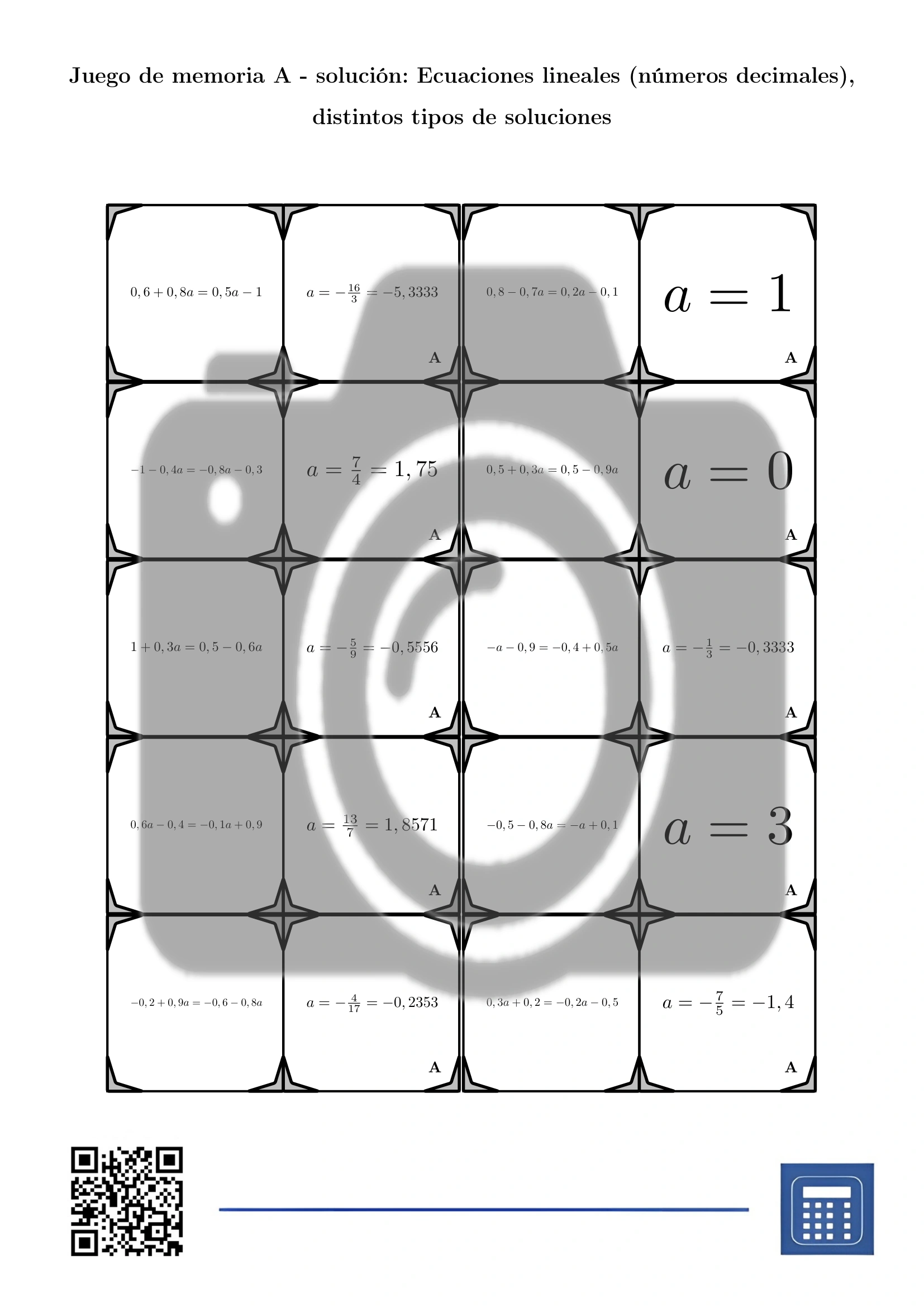 Juego de memoria: Ecuaciones lineales (números decimales), distintos tipos de soluciones - Imagen 4