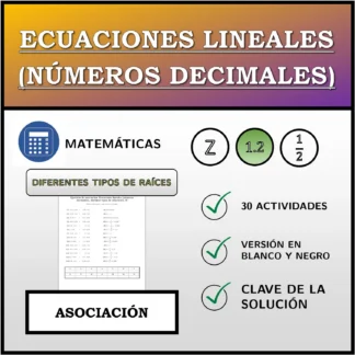 Ejercicio de asociación: Ecuaciones lineales (números decimales), distintos tipos de soluciones