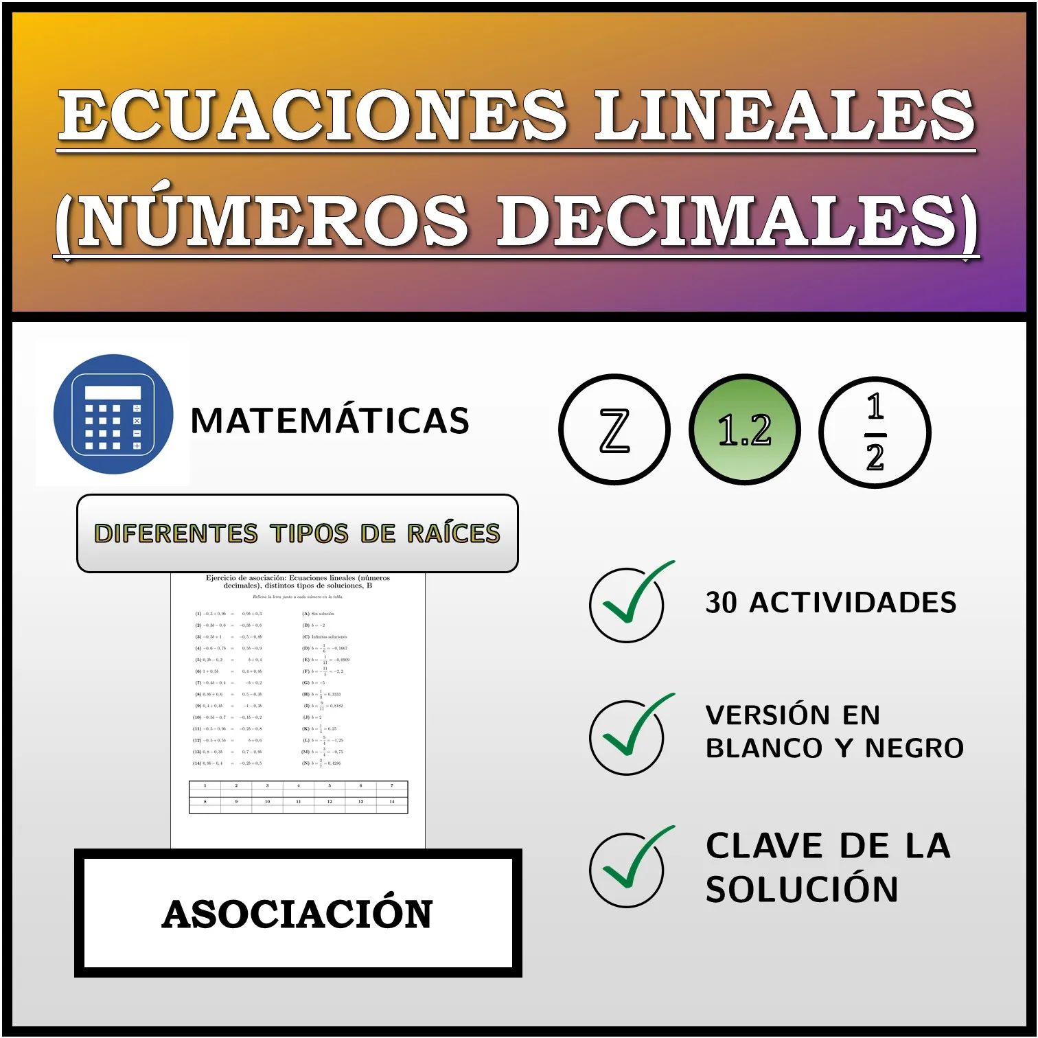 Ejercicio de asociación: Ecuaciones lineales (números decimales), distintos tipos de soluciones