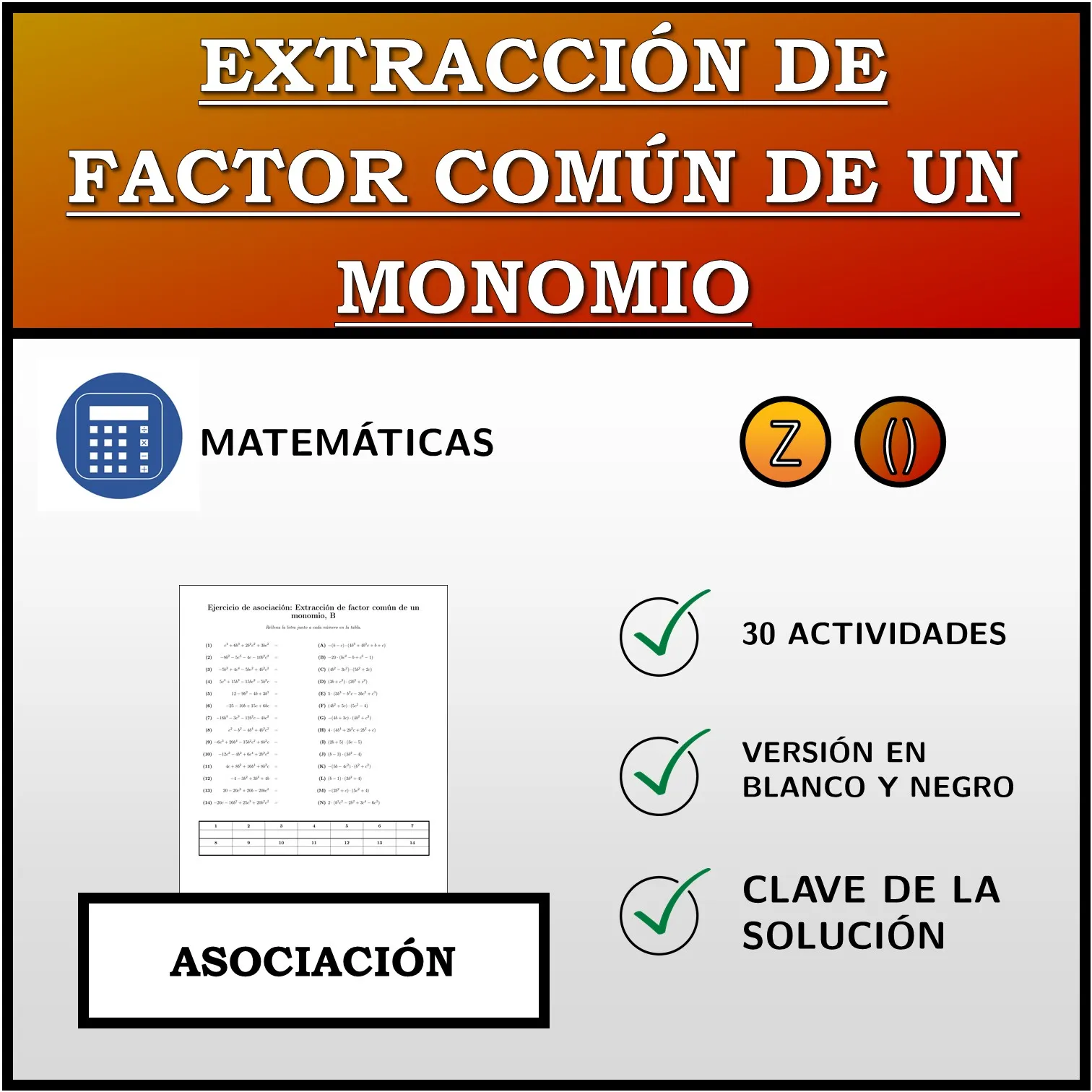 Ejercicio de asociación: Extracción de factor común de un monomio