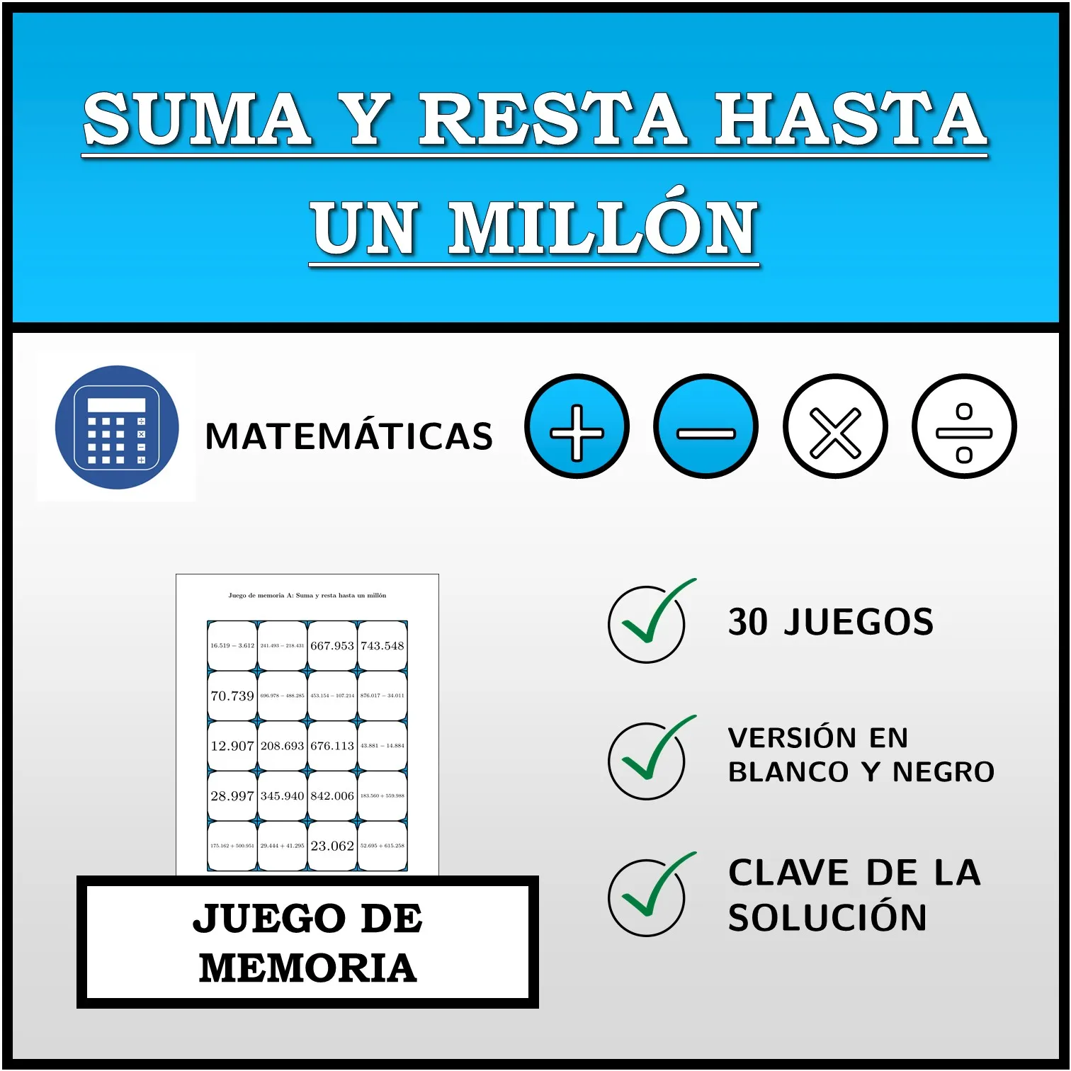 Juego de memoria: Suma y resta hasta un millón
