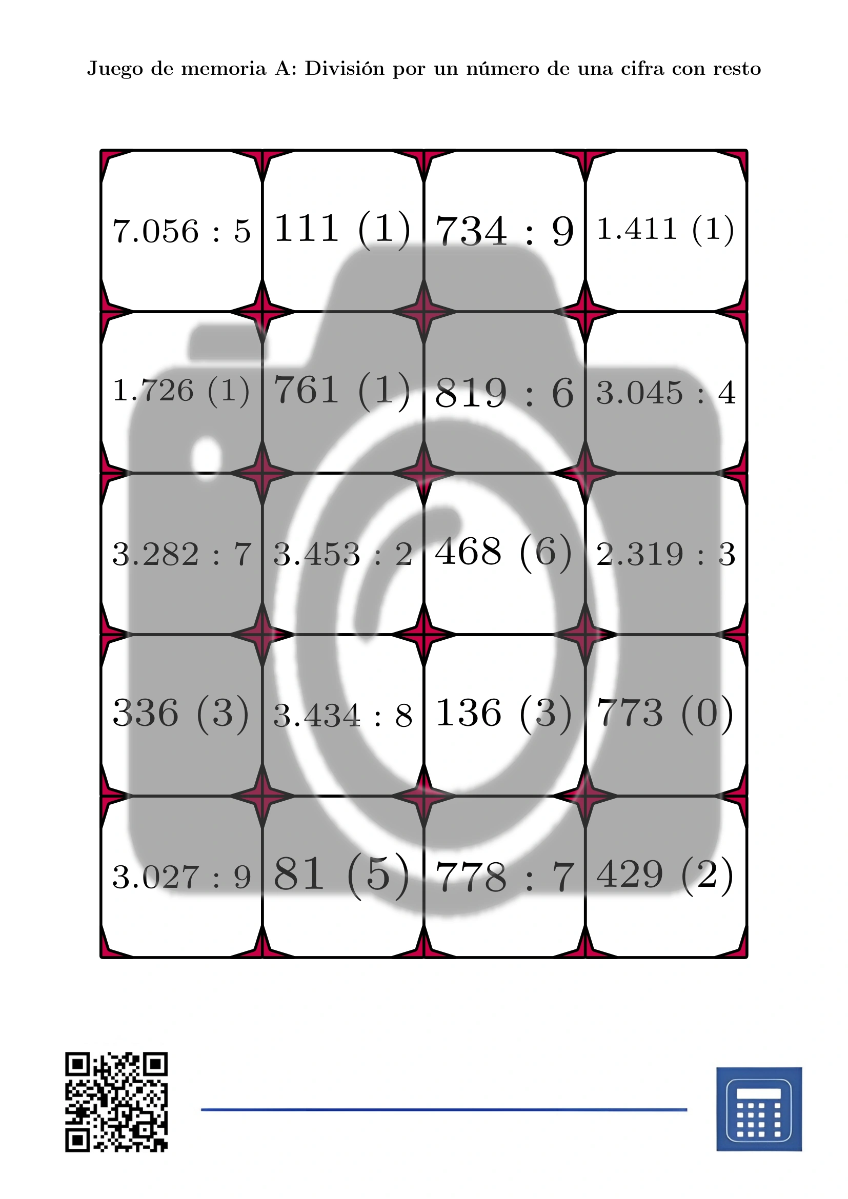 Juego de memoria: División por un número de una cifra con resto - Imagen 2