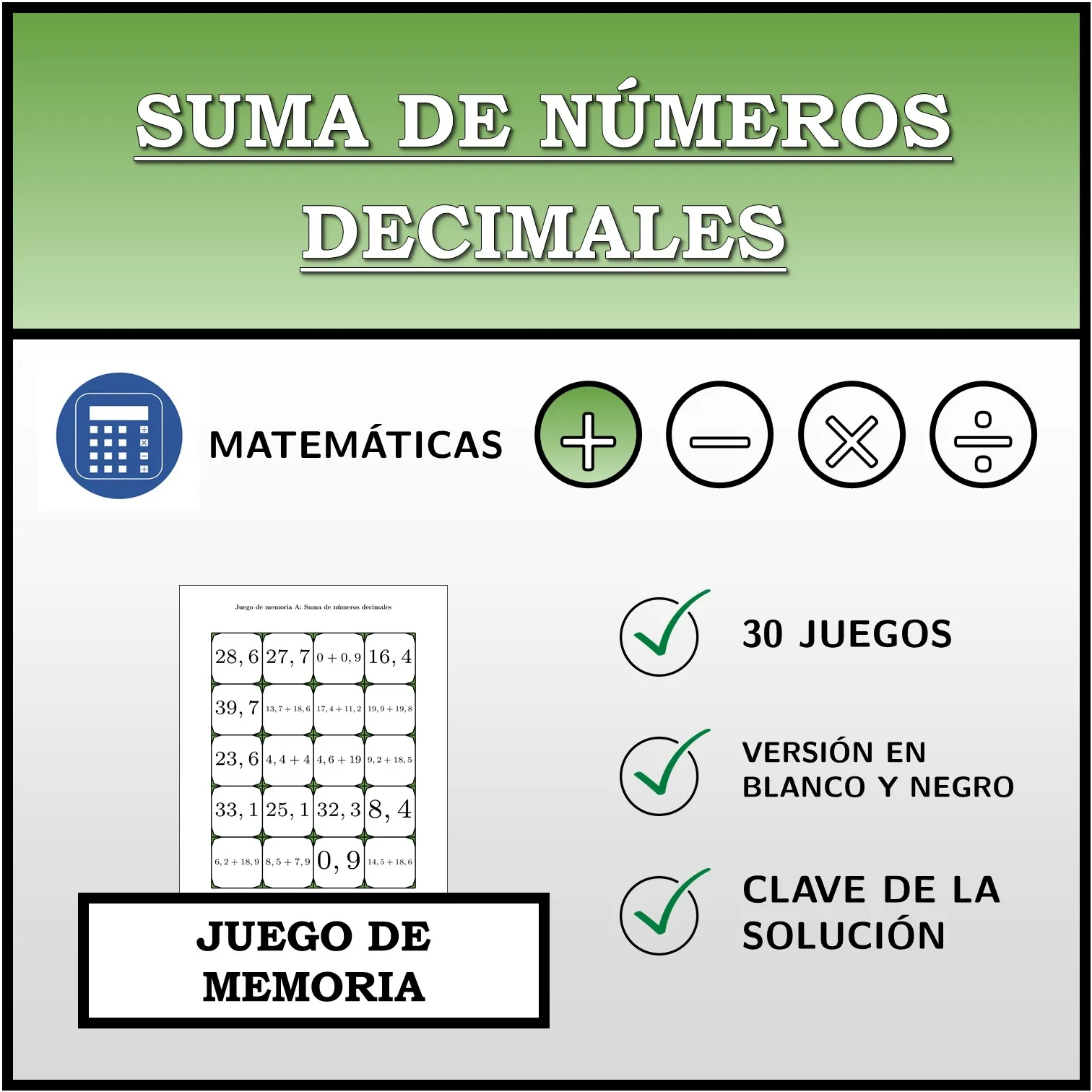 Juego de memoria: Suma de números decimales