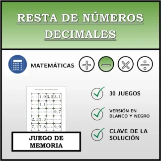 Juego de memoria: Resta de números decimales