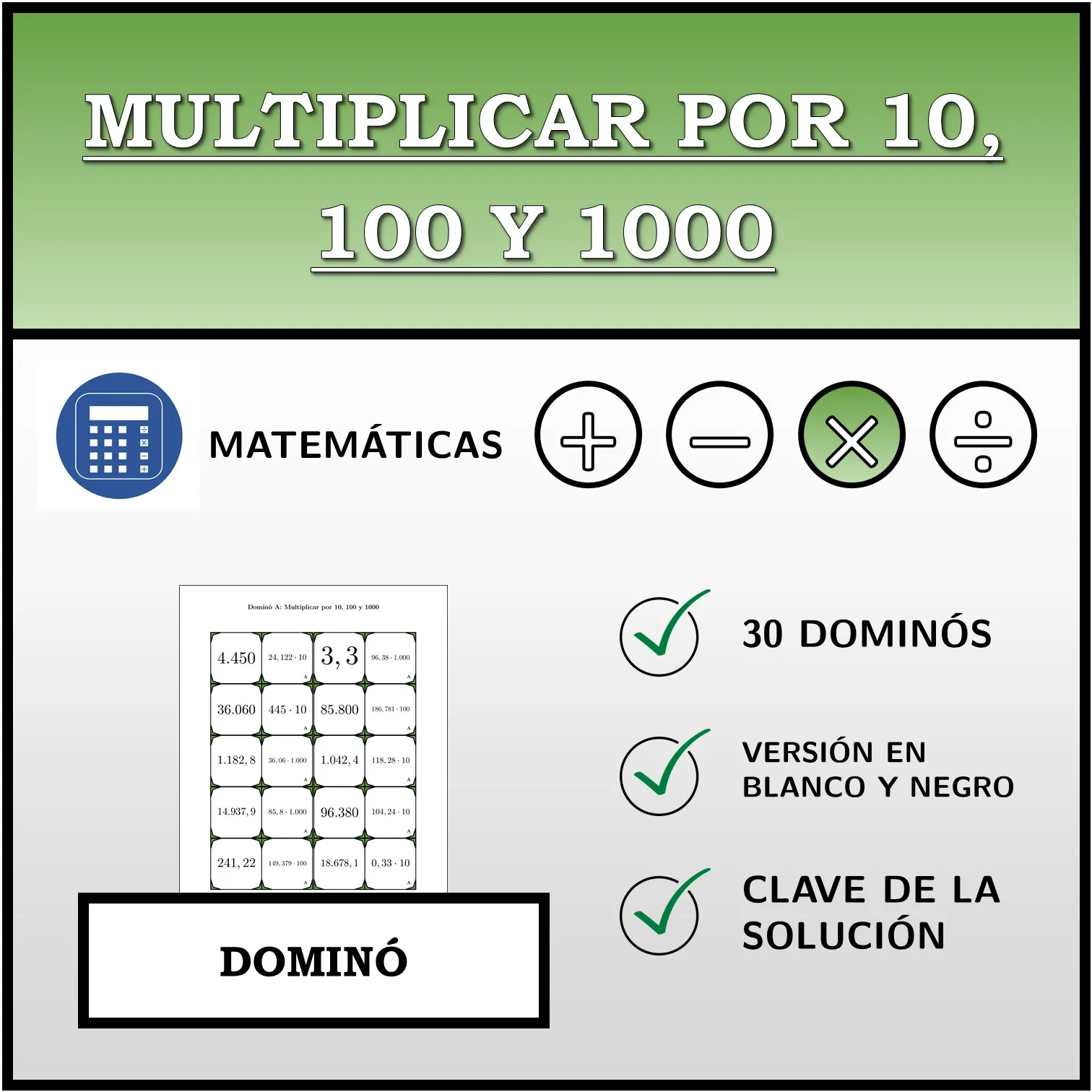 Dominó: Multiplicar por 10, 100 y 1000