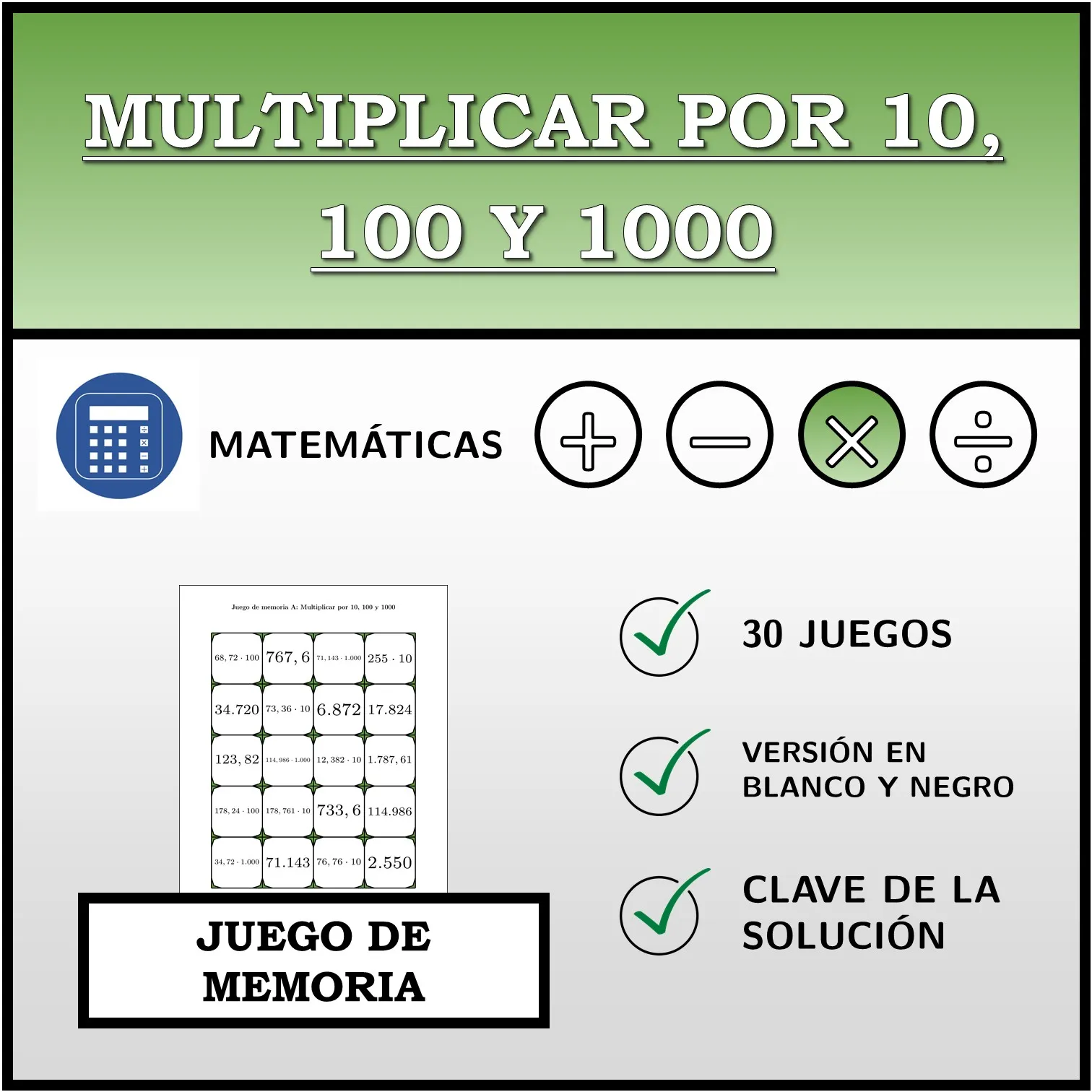 Juego de memoria: Multiplicar por 10, 100 y 1000