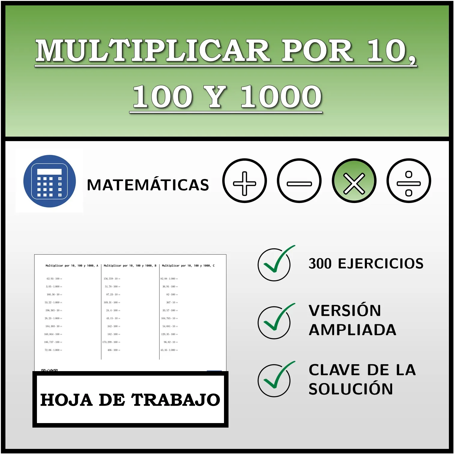 Hoja de trabajo: Multiplicar por 10, 100 y 1000
