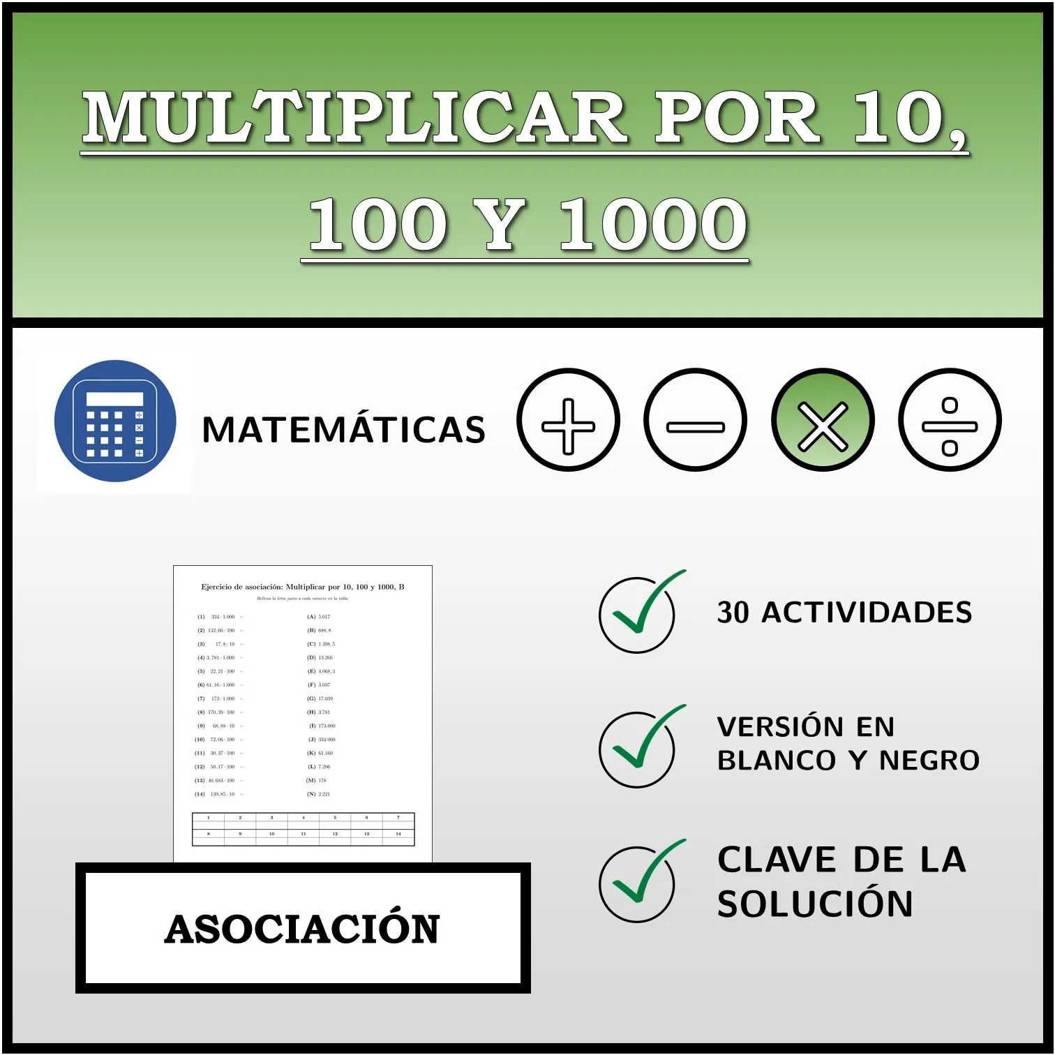 Ejercicio de asociación: Multiplicar por 10, 100 y 1000