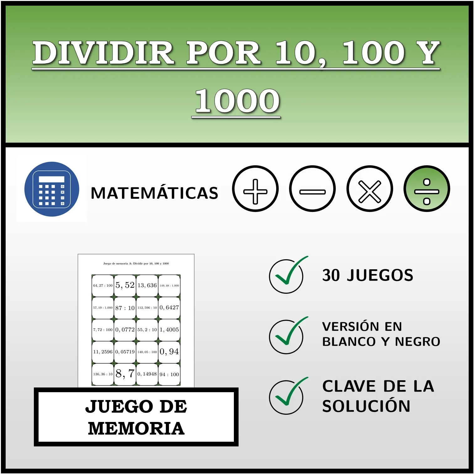 Juego de memoria: Dividir por 10, 100 y 1000