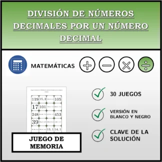 Juego de memoria: División de números decimales por un número decimal