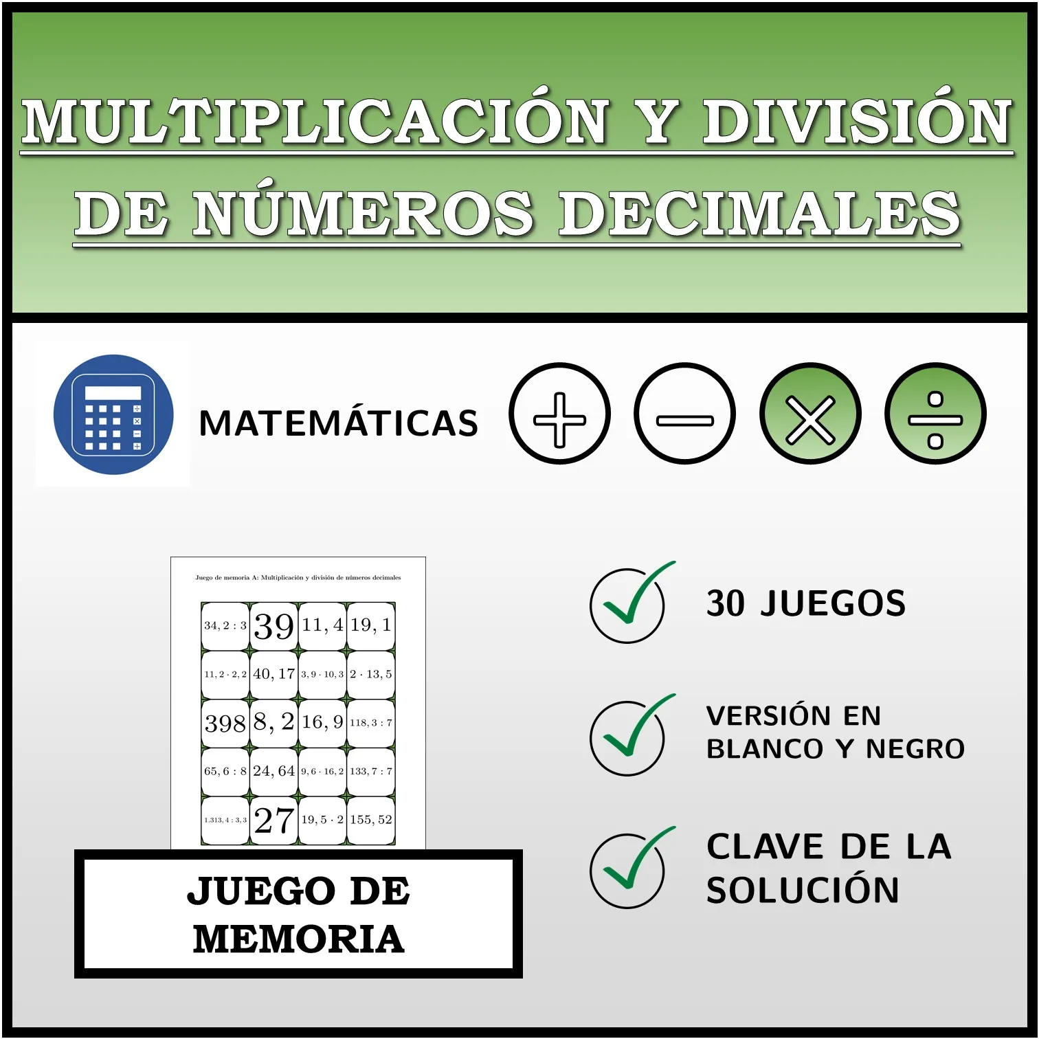 Juego de memoria: Multiplicación y división de números decimales