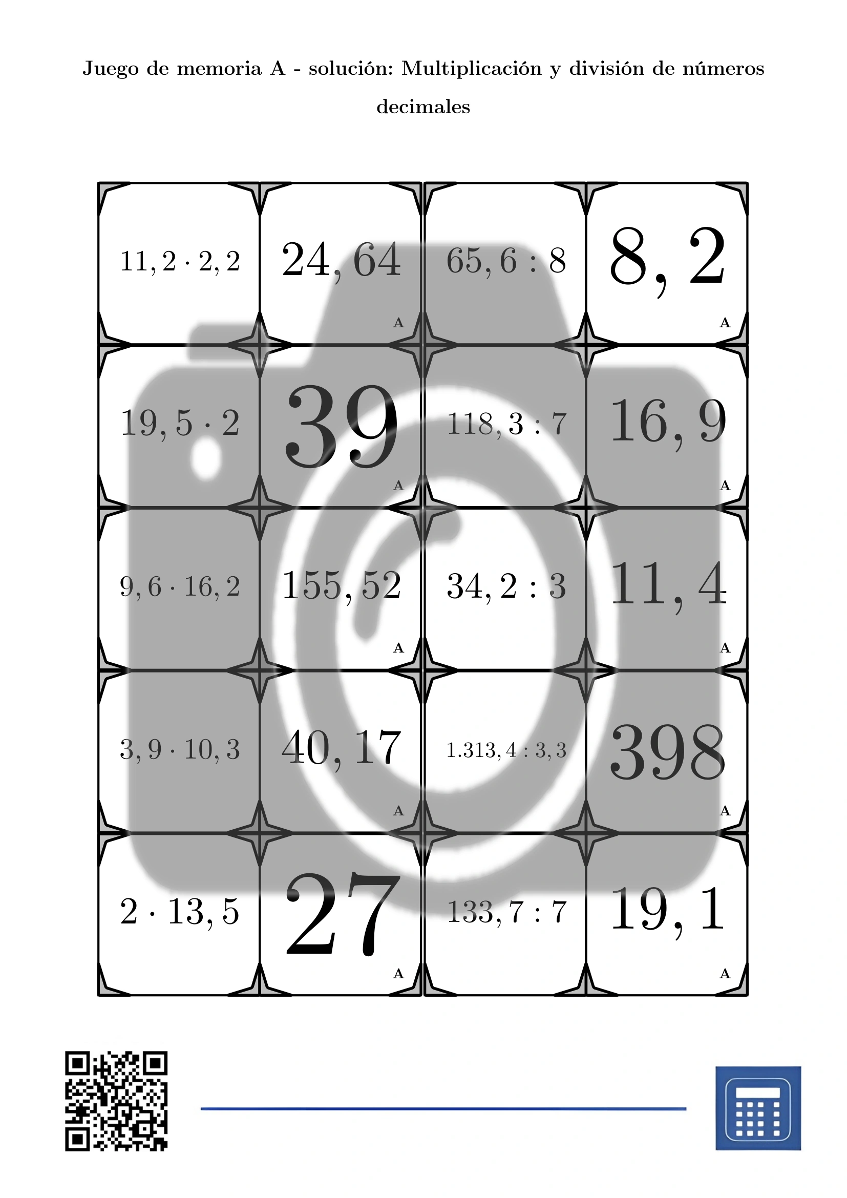 Juego de memoria: Multiplicación y división de números decimales - Imagen 4