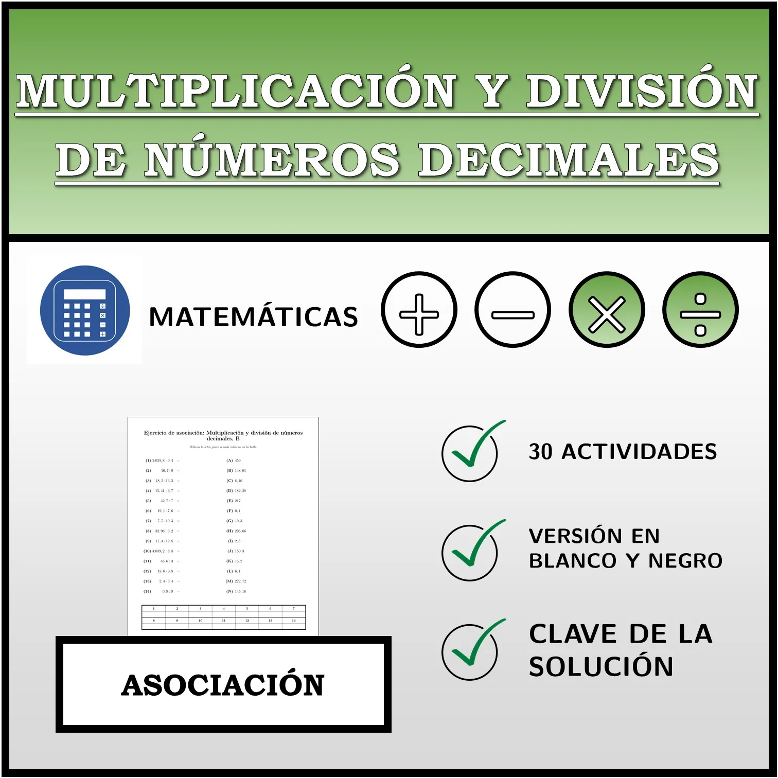 Ejercicio de asociación: Multiplicación y división de números decimales