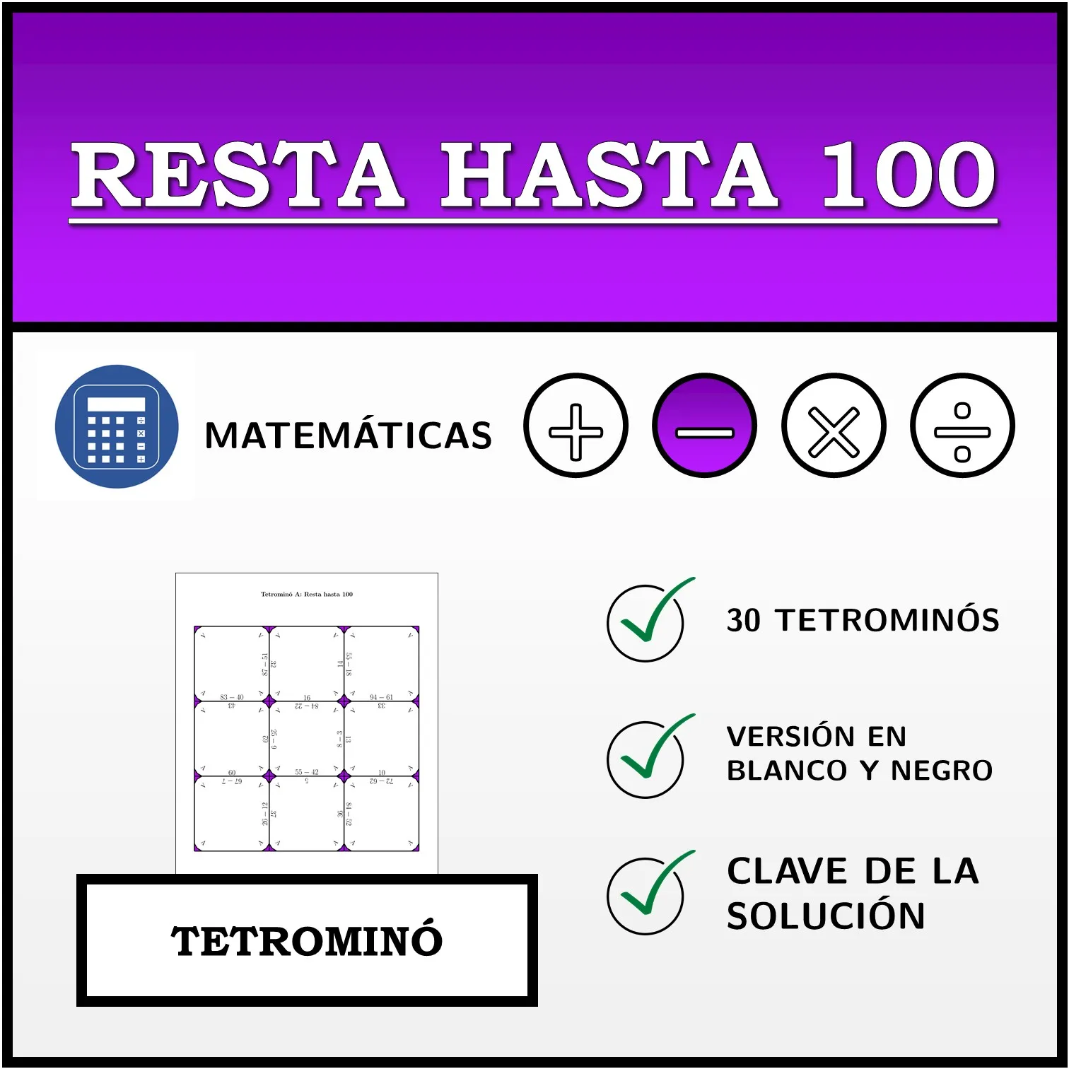 Tetrominó: Resta hasta 100