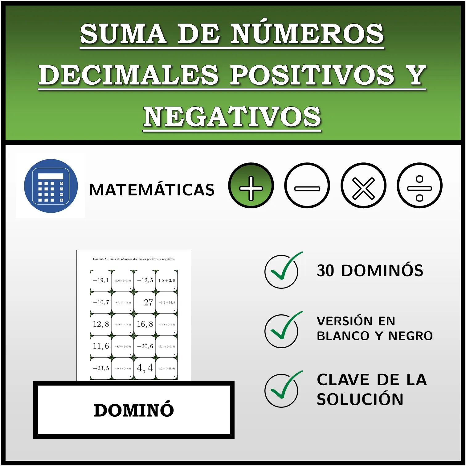 Dominó: Suma de números decimales positivos y negativos