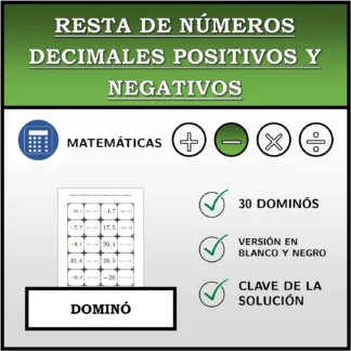 Dominó: Resta de números decimales positivos y negativos