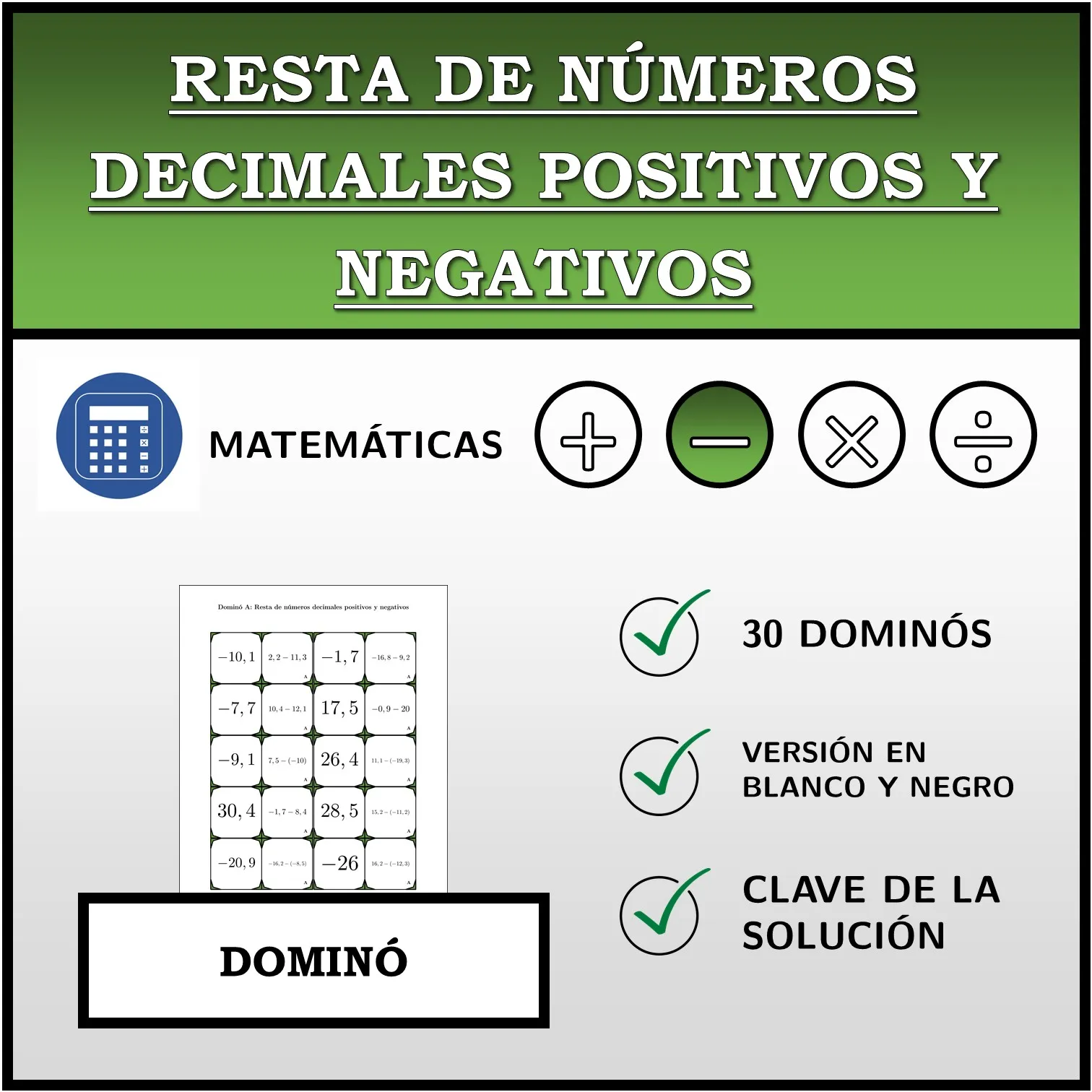 Dominó: Resta de números decimales positivos y negativos