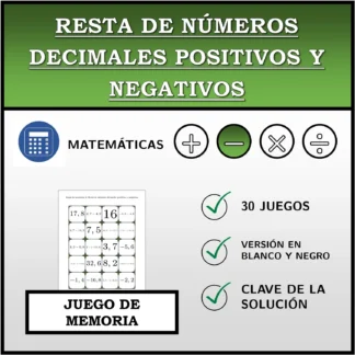 Juego de memoria: Resta de números decimales positivos y negativos