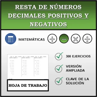 Hoja de trabajo: Resta de números decimales positivos y negativos