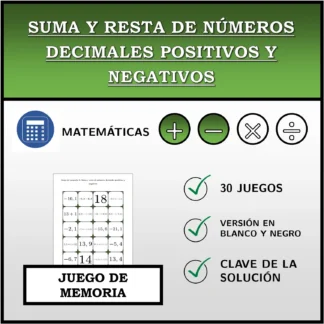 Juego de memoria: Suma y resta de números decimales positivos y negativos