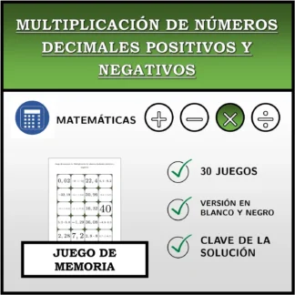 Juego de memoria: Multiplicación de números decimales positivos y negativos