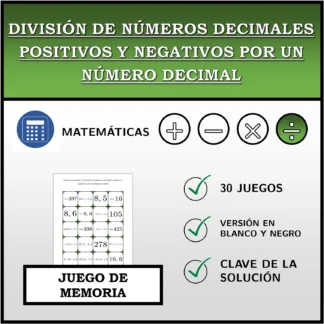 Juego de memoria: División de números decimales positivos y negativos por un número decimal