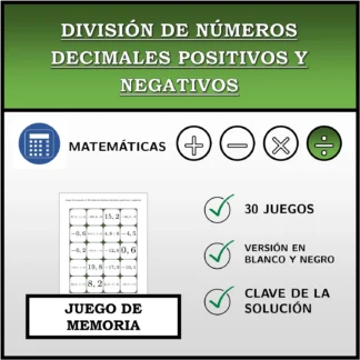 Juego de memoria: División de números decimales positivos y negativos