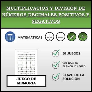 Juego de memoria: Multiplicación y división de números decimales positivos y negativos