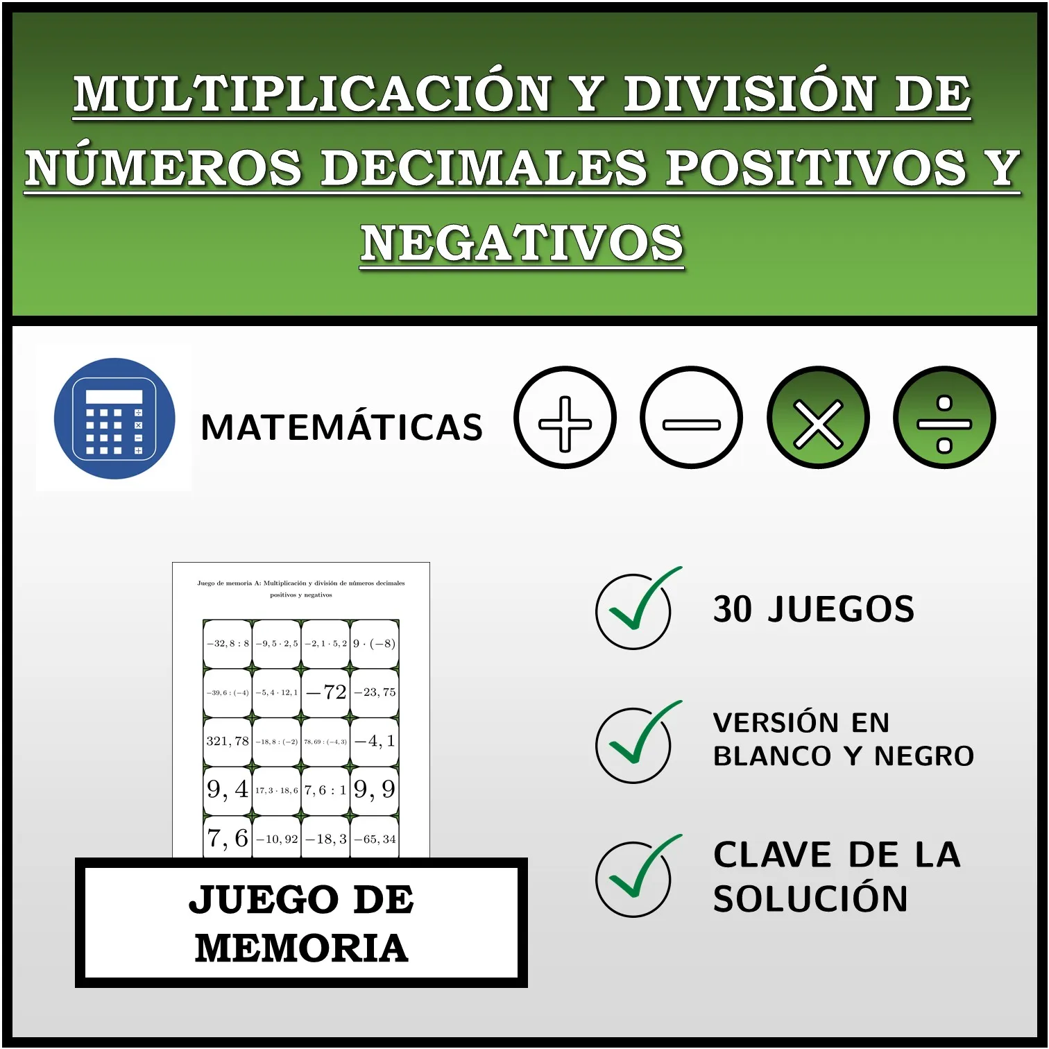 Juego de memoria: Multiplicación y división de números decimales positivos y negativos