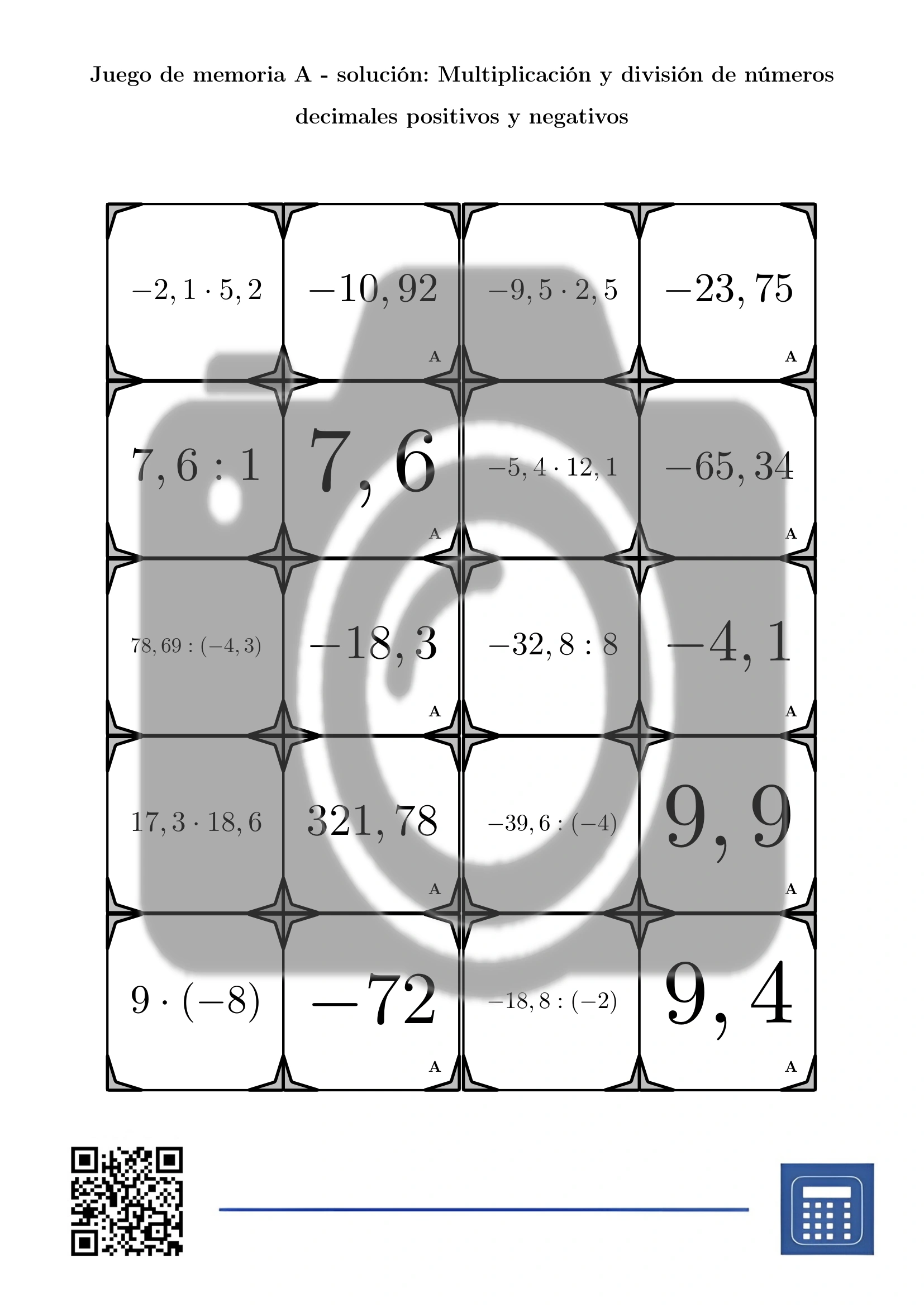 Juego de memoria: Multiplicación y división de números decimales positivos y negativos - Imagen 4