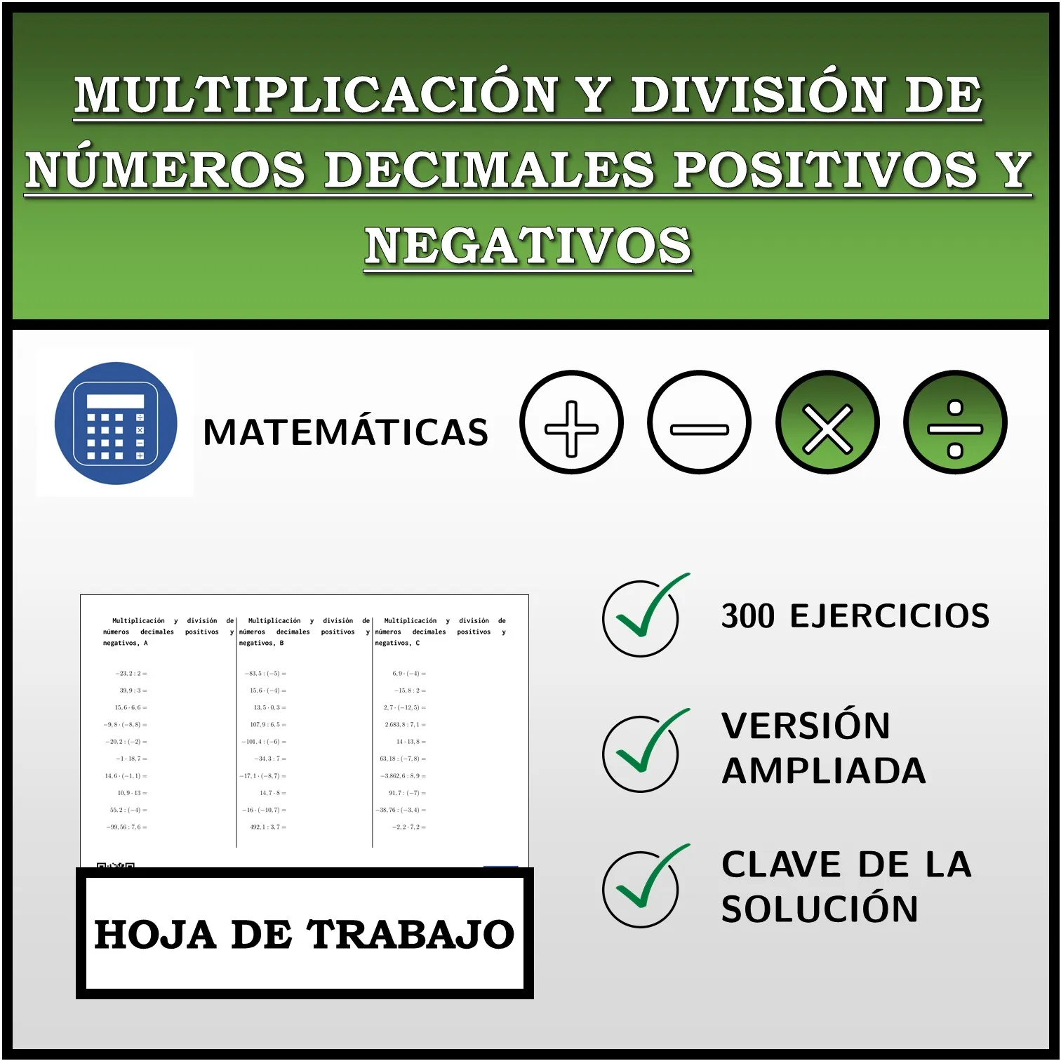 Hoja de trabajo: Multiplicación y división de números decimales positivos y negativos