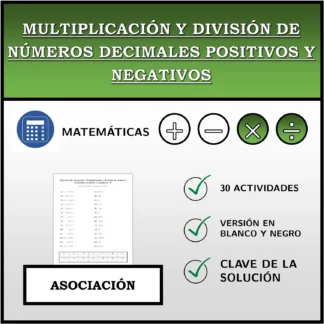 Ejercicio de asociación: Multiplicación y división de números decimales positivos y negativos