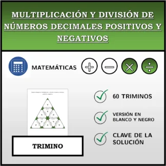 Trimino: Multiplicación y división de números decimales positivos y negativos