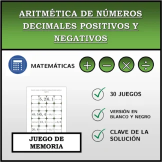 Juego de memoria: Aritmética de números decimales positivos y negativos