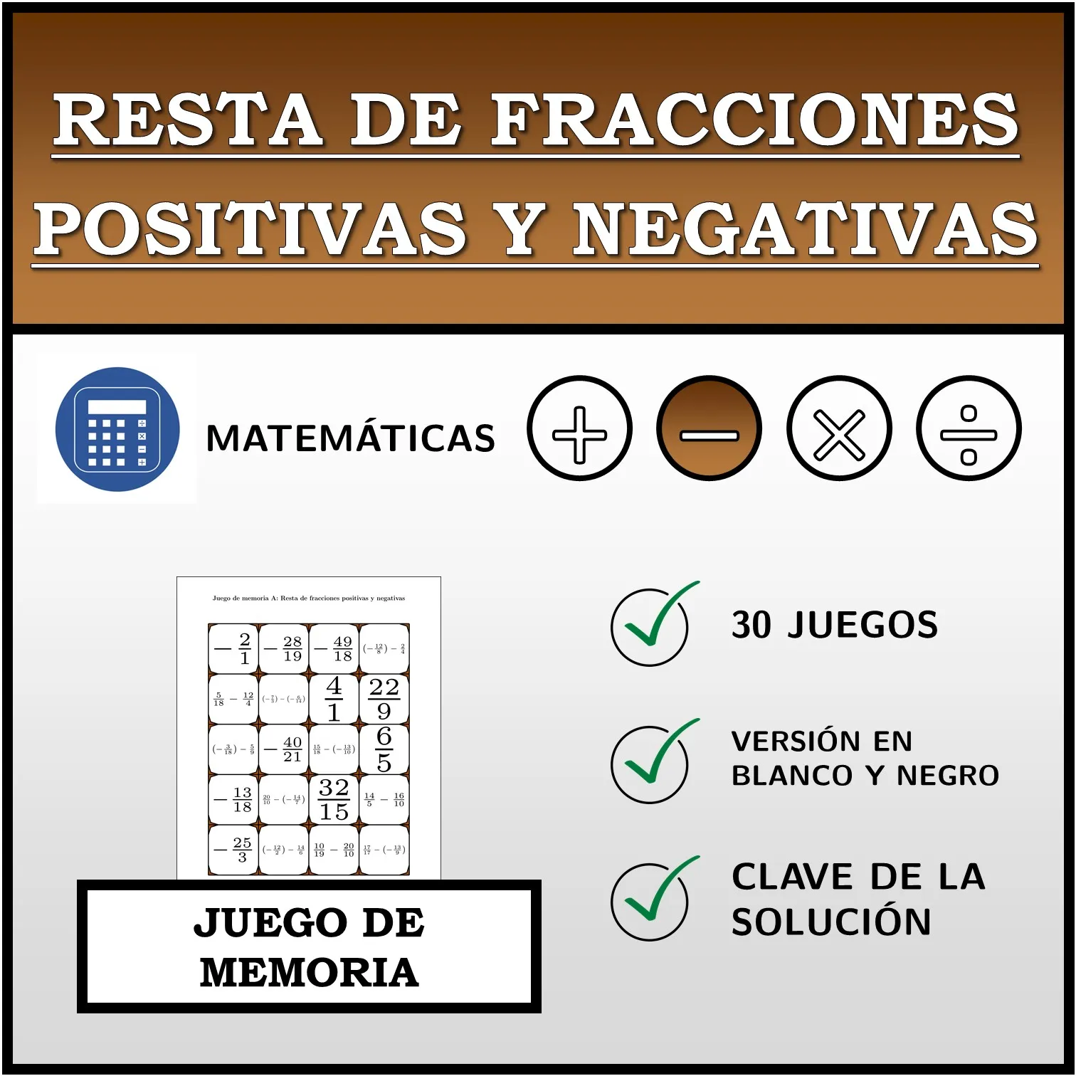 Juego de memoria: Resta de fracciones positivas y negativas