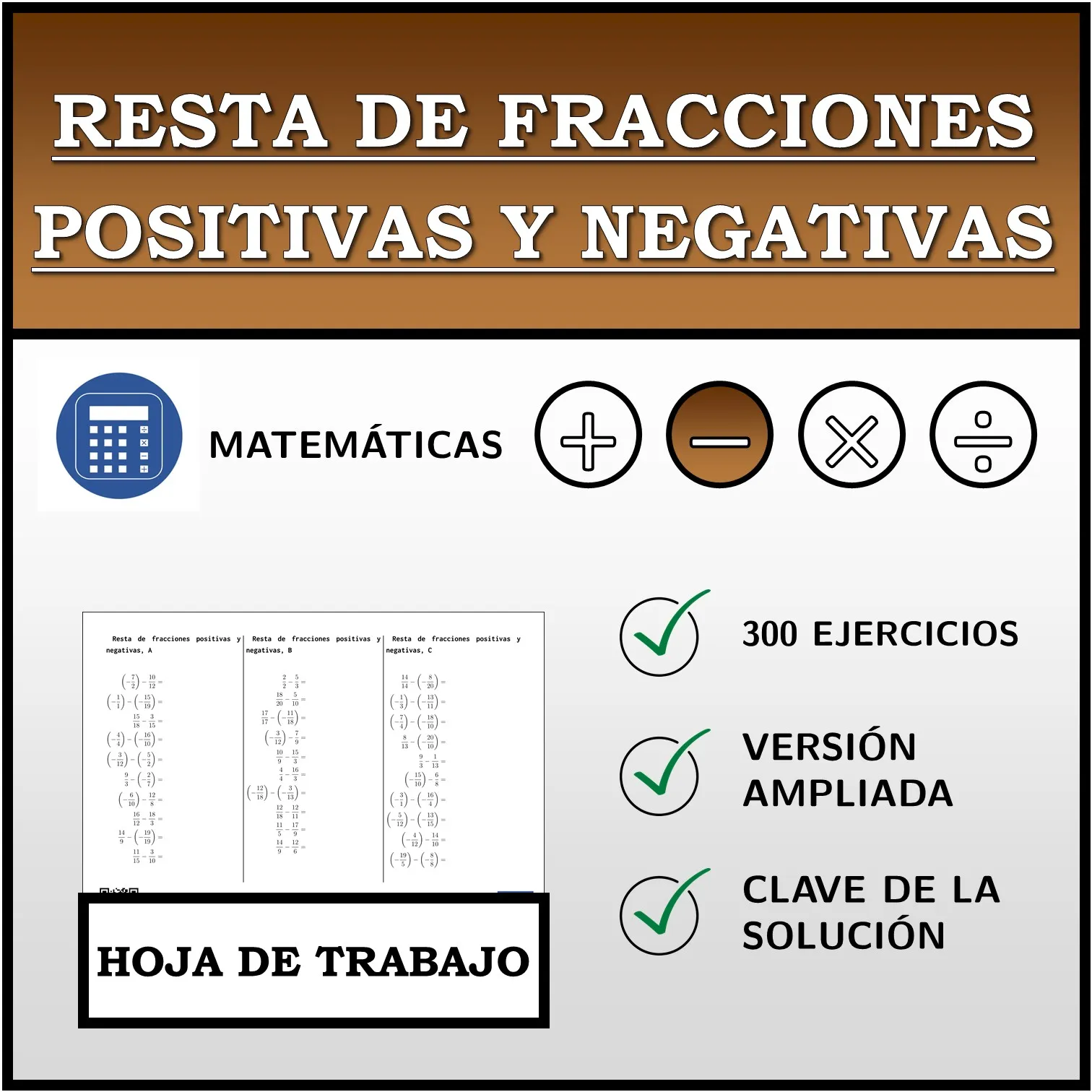 Hoja de trabajo: Resta de fracciones positivas y negativas