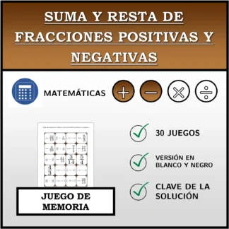 Juego de memoria: Suma y resta de fracciones positivas y negativas