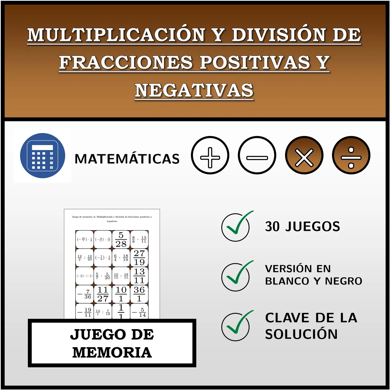 Juego de memoria: Multiplicación y división de fracciones positivas y negativas