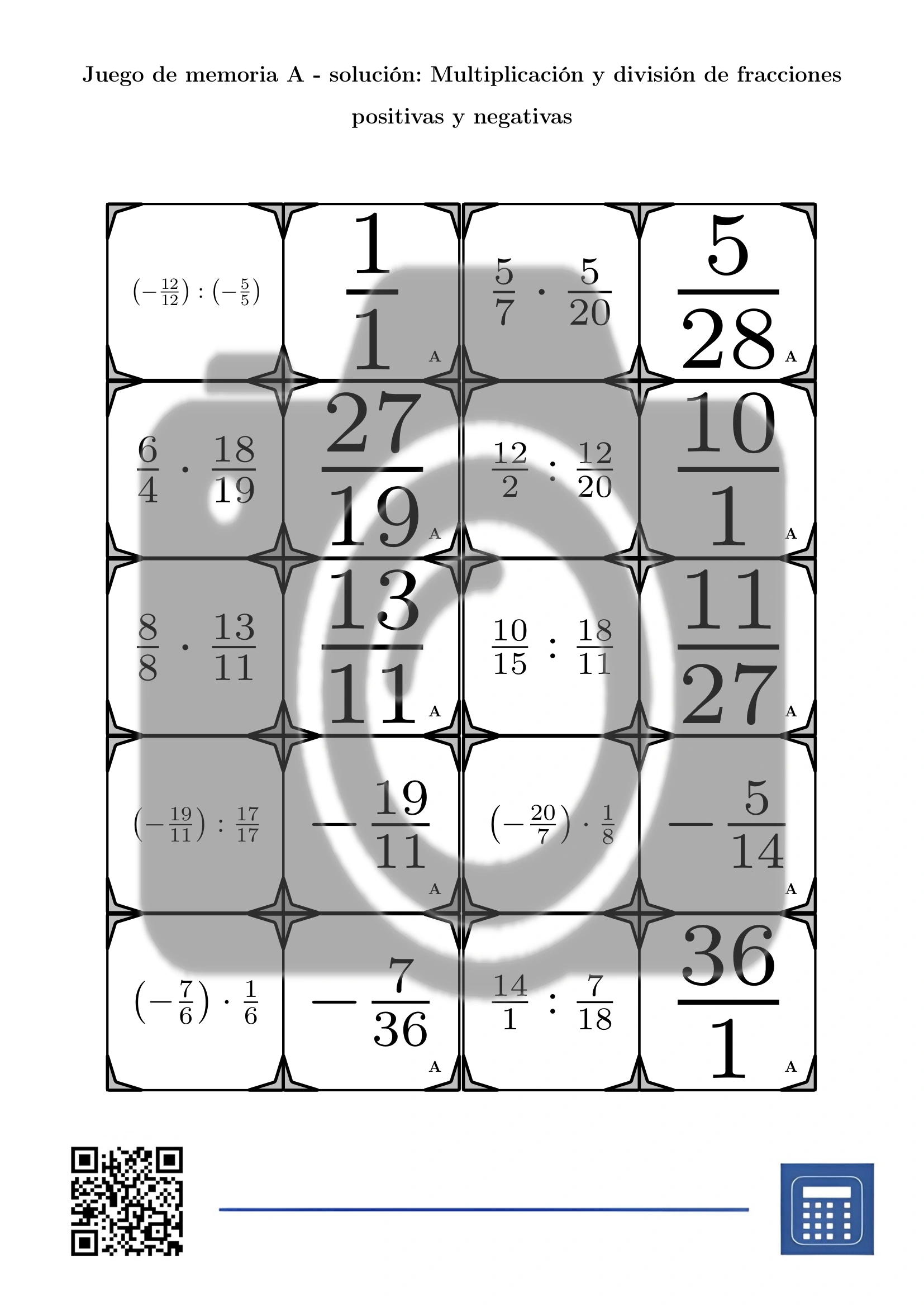 Juego de memoria: Multiplicación y división de fracciones positivas y negativas - Imagen 4