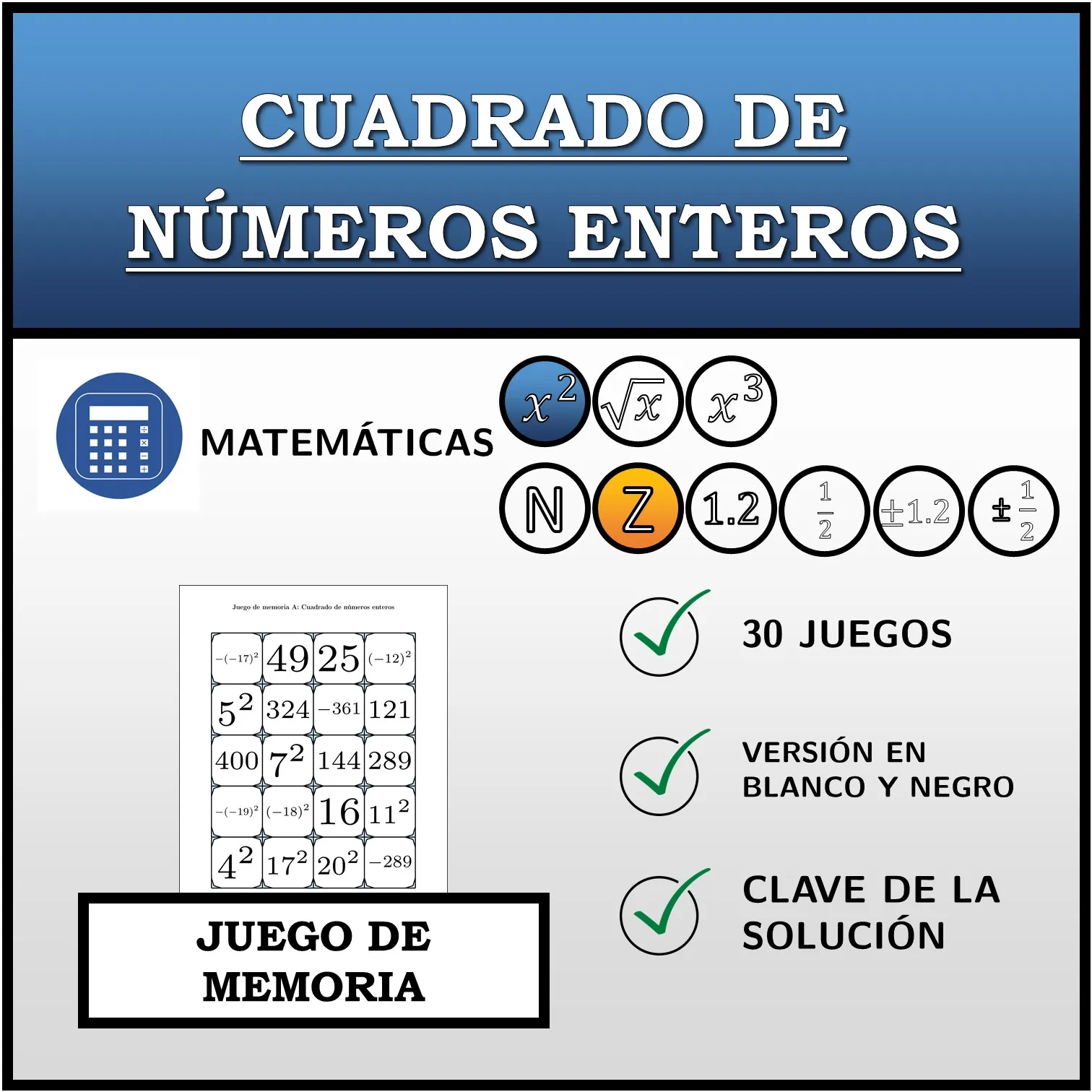 Juego de memoria: Cuadrado de números enteros