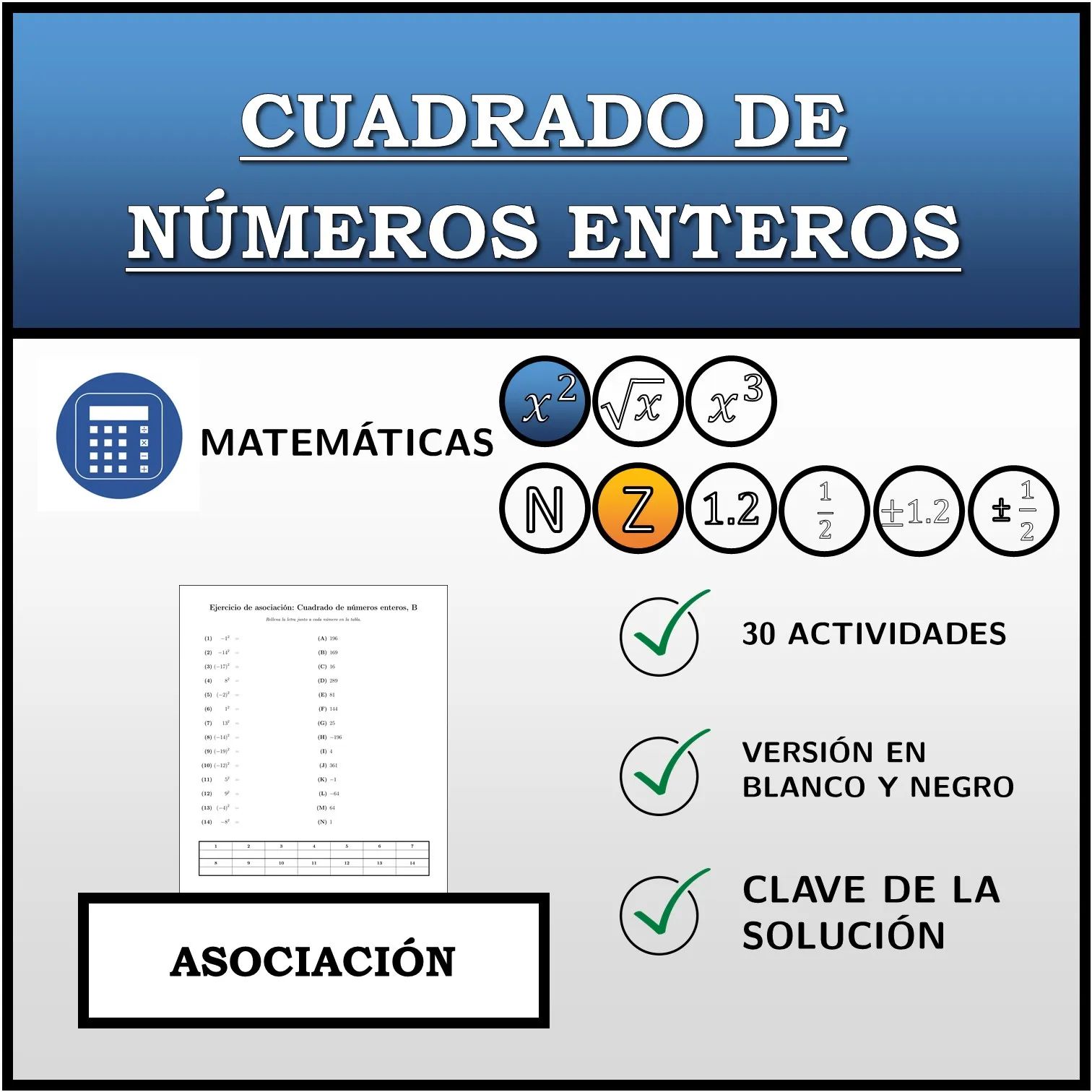 Ejercicio de asociación: Cuadrado de números enteros
