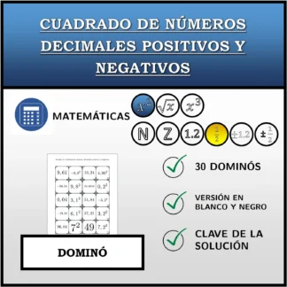 Dominó: Cuadrado de números decimales positivos y negativos