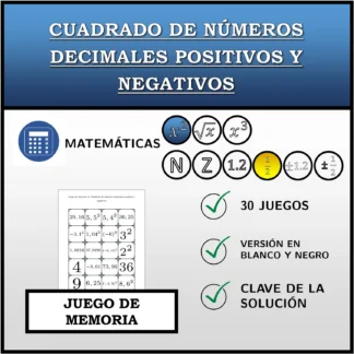 Juego de memoria: Cuadrado de números decimales positivos y negativos