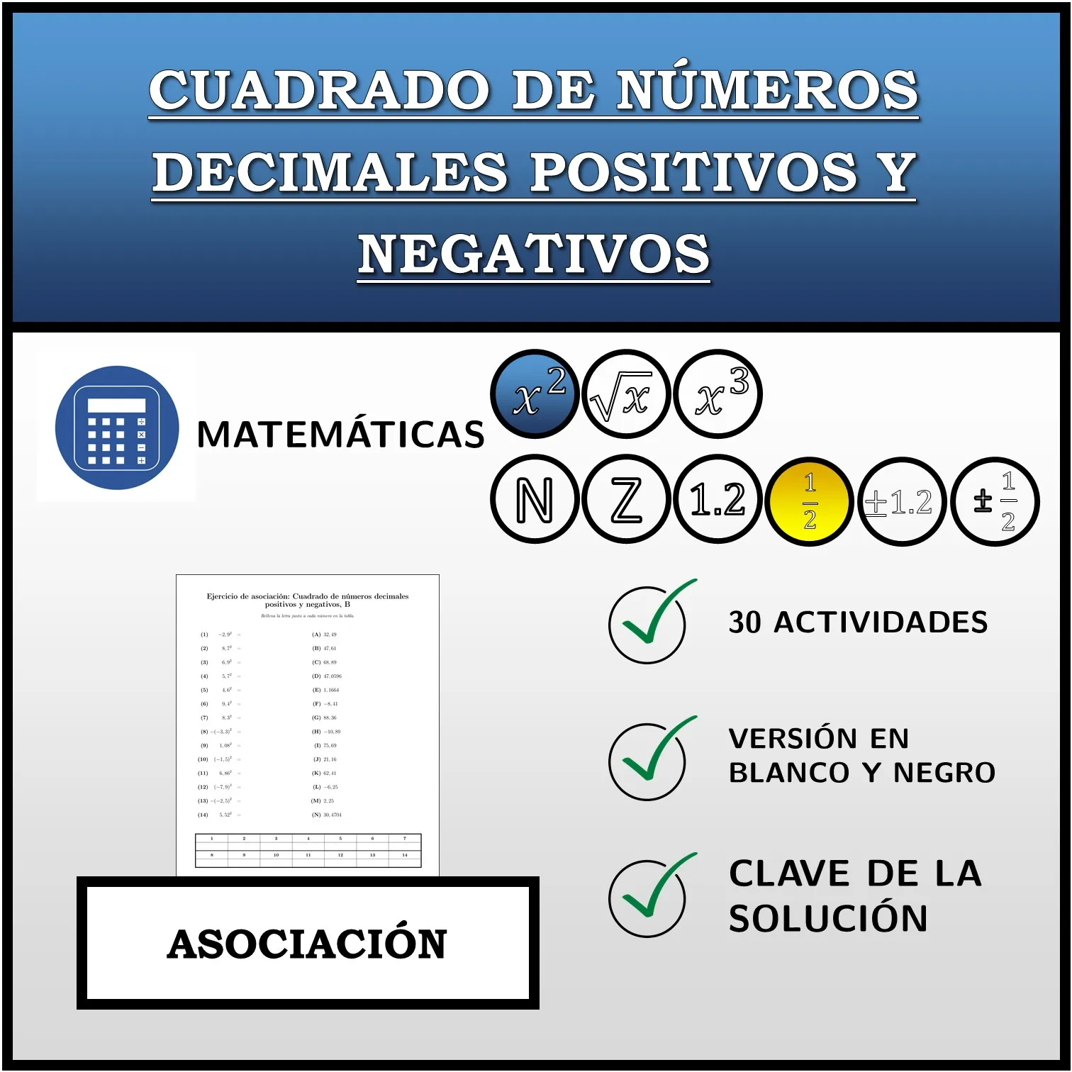 Ejercicio de asociación: Cuadrado de números decimales positivos y negativos