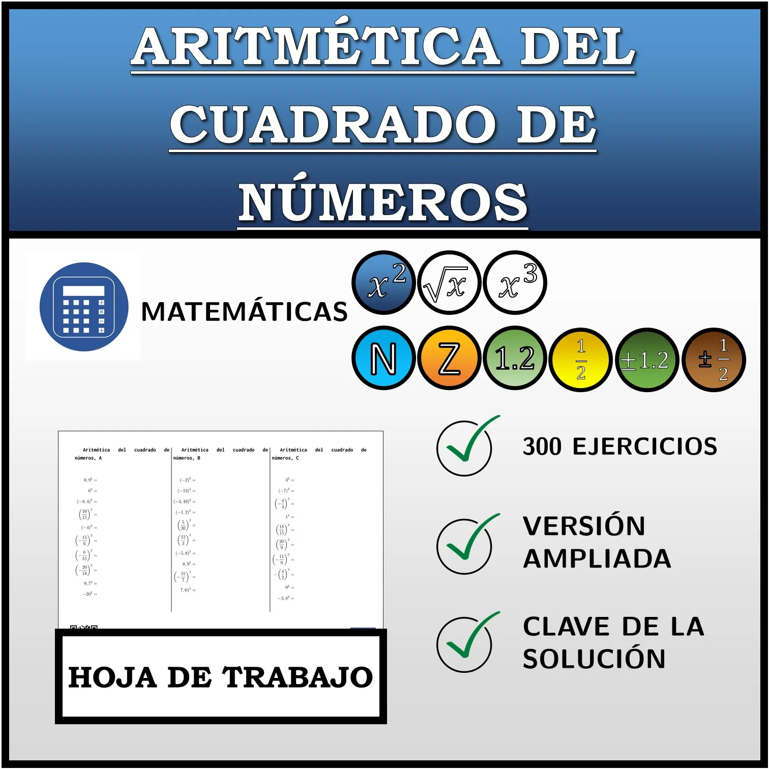 Hoja de trabajo: Aritmética del cuadrado de números